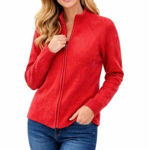 Rosanna 100% Lambswool Vintage embroidered floral zip front orange sweater L